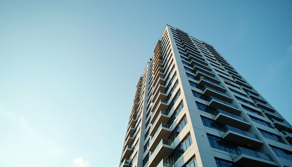 Eye-level view of a modern condominium building in Makati with clear blue sky