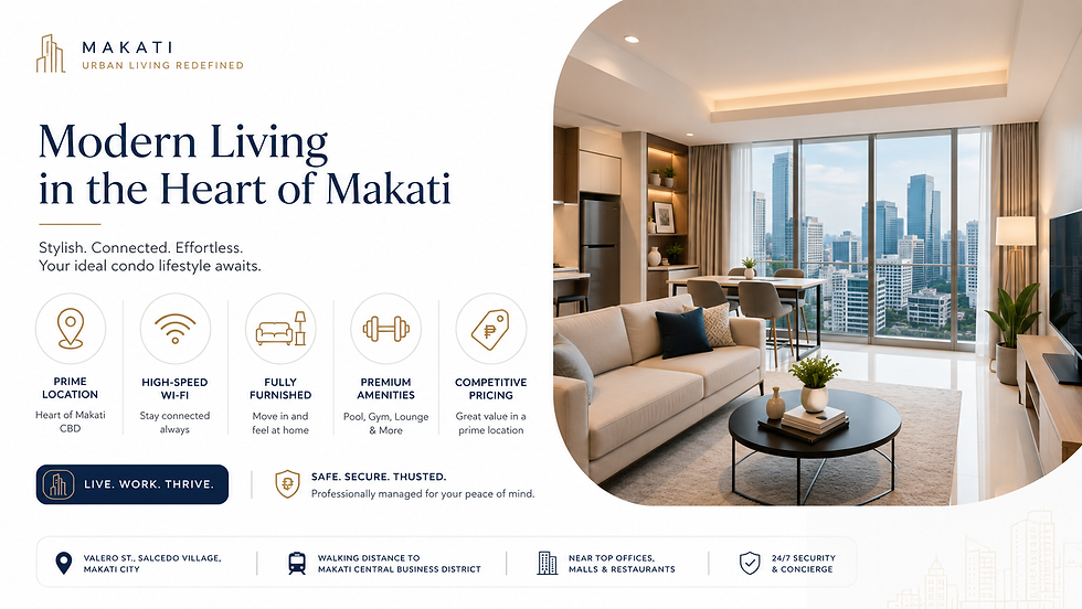 Makati Real Estate Leasing infographic showing five condo features that help properties rent faster