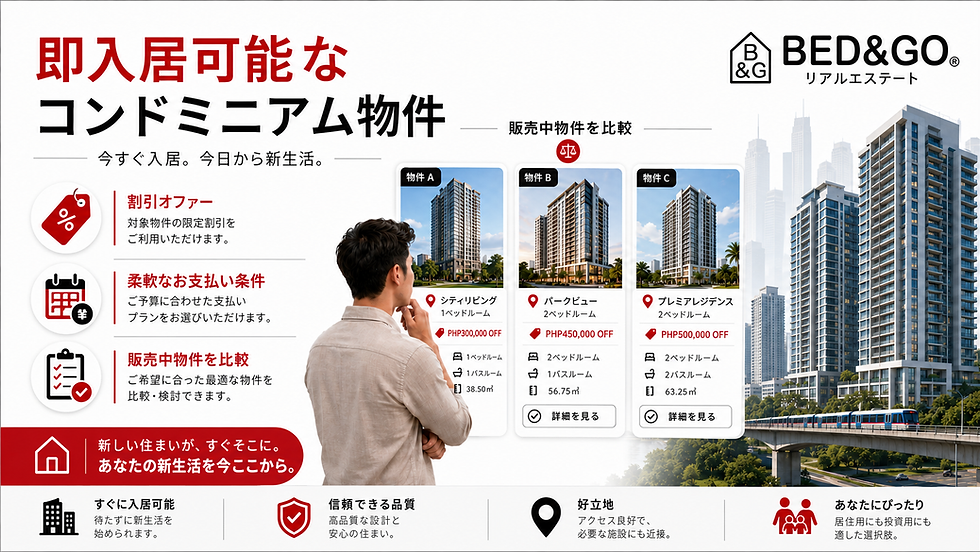 高層マンションの不動産広告。男性が物件A〜Cを見比べ、割引や支払い条件、即入居可能などの案内とBED&GOロゴが表示。