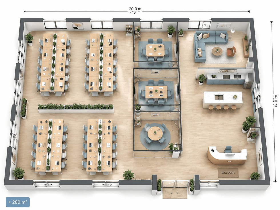 Commercial office layout with workstations, meeting rooms, and reception space