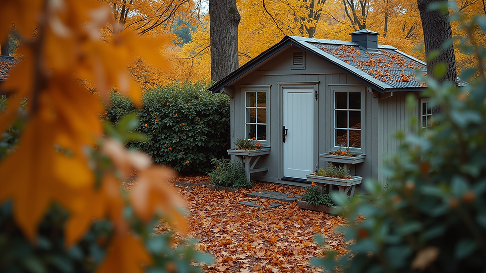 High angle view of a shed surrounded by autumn leaves and clean gutters