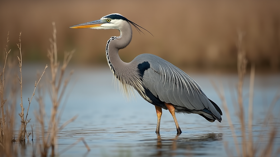 Close-up view of a great blue heron standing in shallow water surrounded by reeds