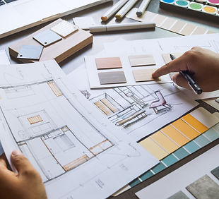 Architect designer Interior creative working hand drawing sketch plan blue print selection