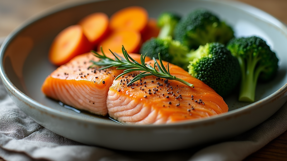 Close-up view of a healthy meal with salmon, broccoli, and sweet potatoes