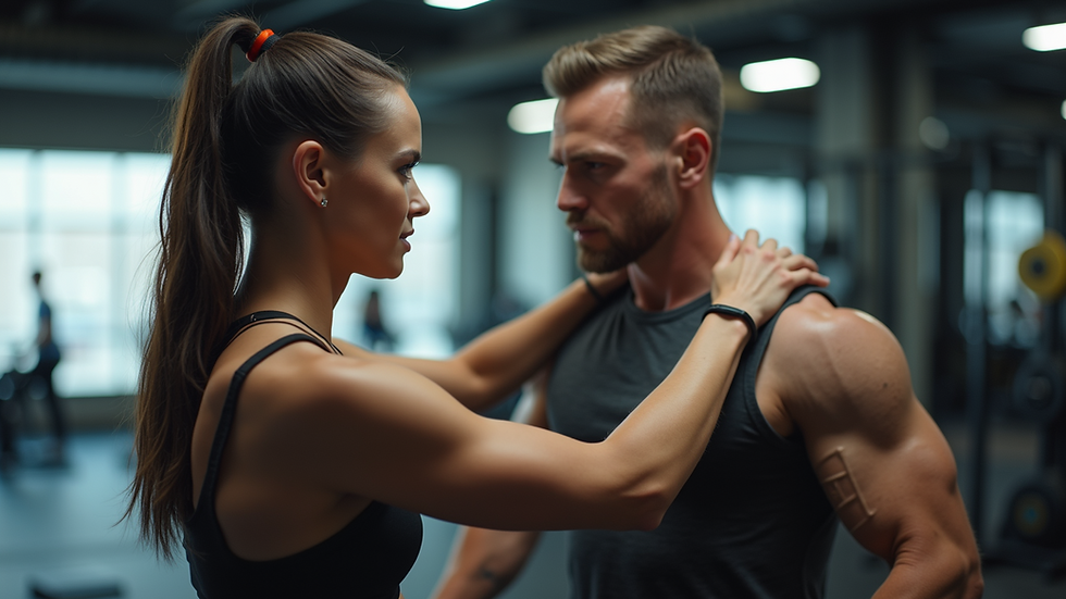 Close-up view of a personal trainer guiding a client during a workout