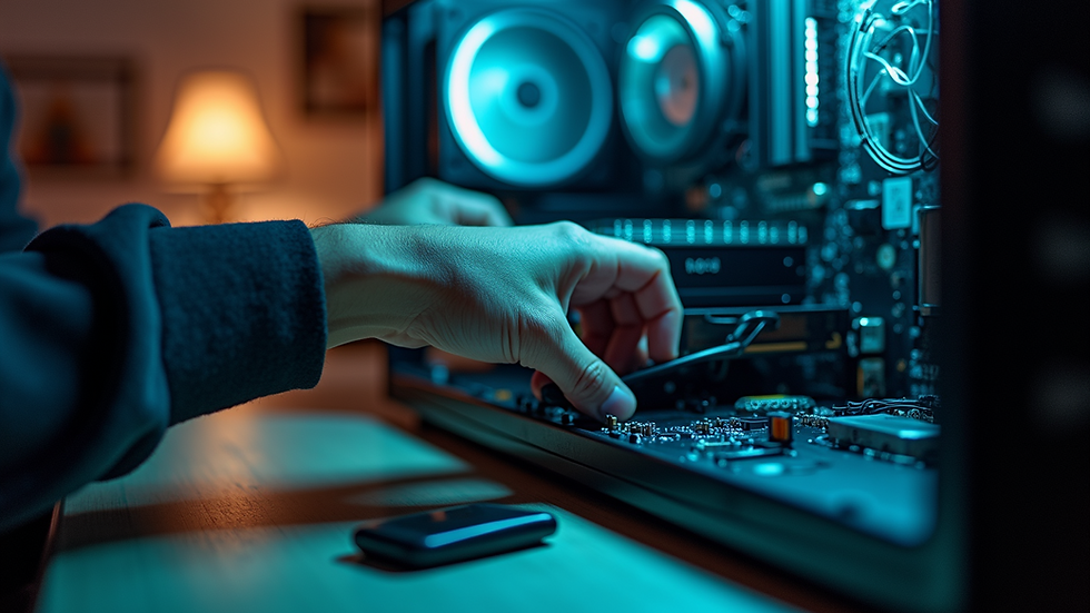 Close-up view of a person assembling a PC with various components