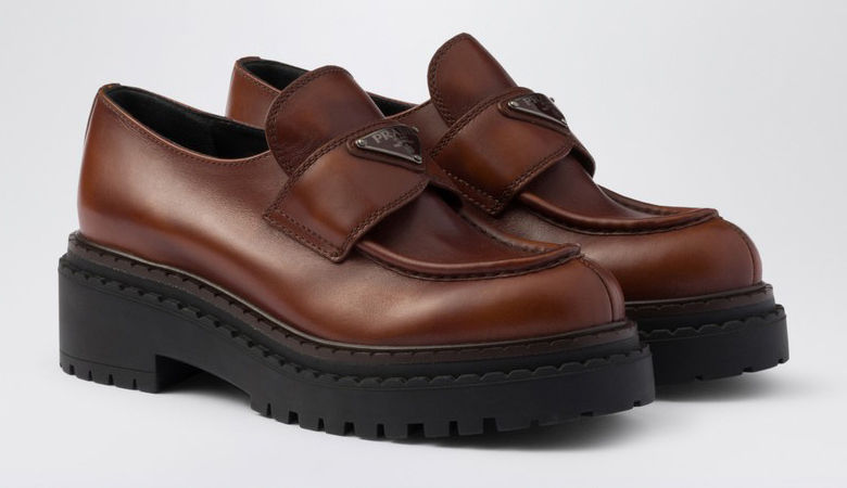 Prada Chocolate Cognac Brushed Leather Moccasin
