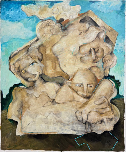 Wes Aderhold, "Suburbs", contemporary figurative painting; layered drawing and paint with soft Cubist reassembly.