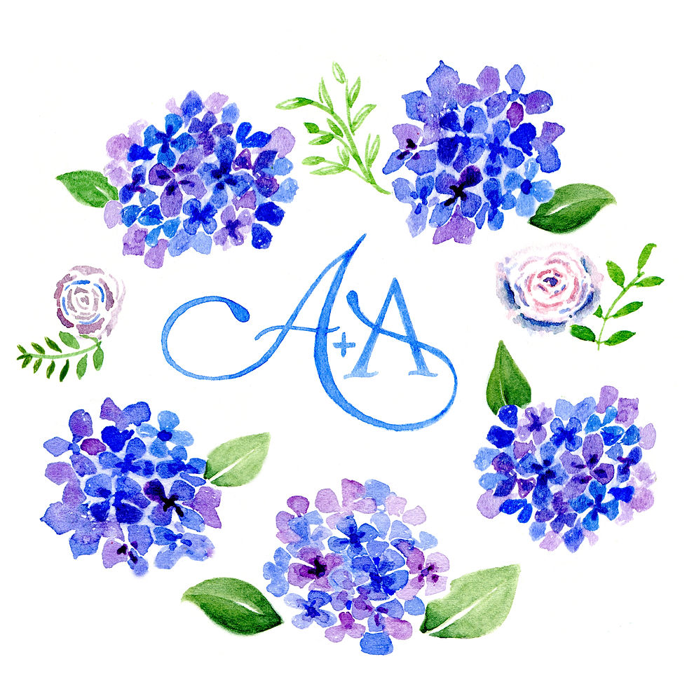 Custom watercolor monogram with hydrangeas
