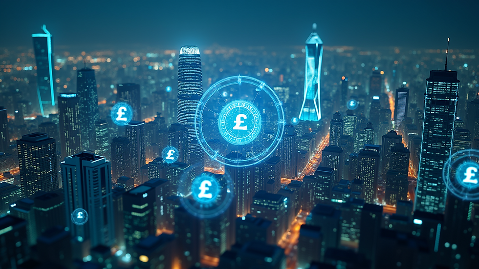 Wide angle view of a futuristic cityscape with digital currency symbols