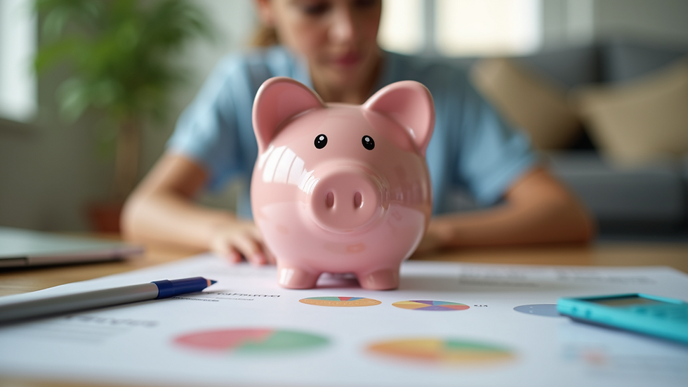 Eye-level view of a child's piggy bank next to financial education materials