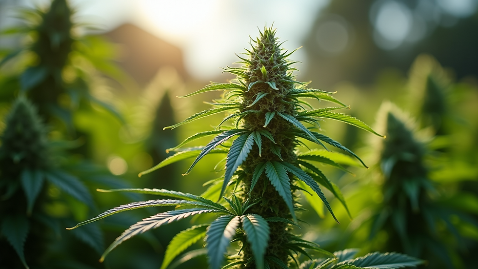 Eye-level view of a cannabis plant thriving under natural light