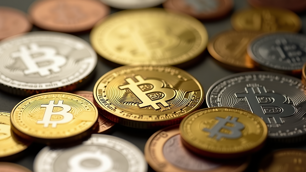 Close-up view of a colorful assortment of cryptocurrency coins representing lesser-known altcoins