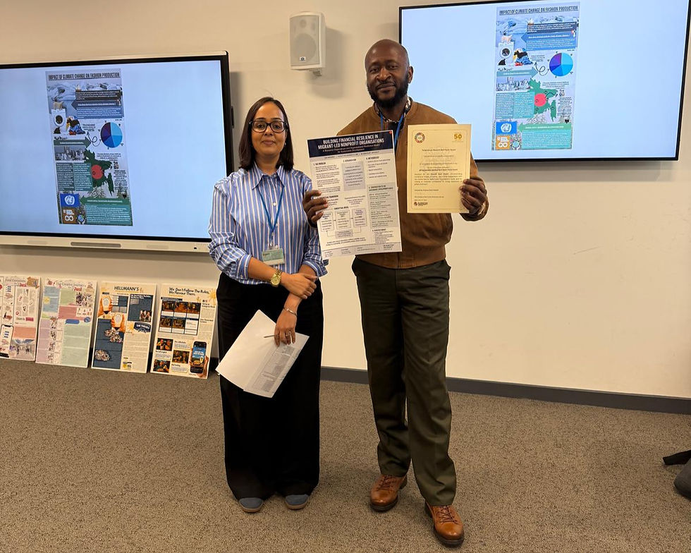 Two presenters hold posters in a meeting room, with climate change infographics on wall screens and a calm, professional mood.
