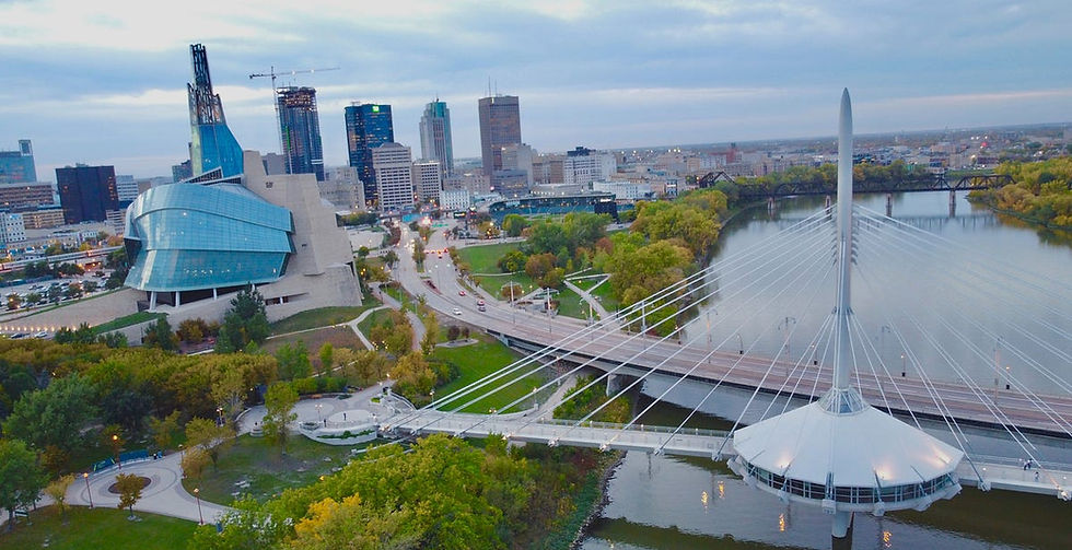 A picture showing Winnipeg's Human Rights Museum and Downtown Winnipeg can be seen in the distance.