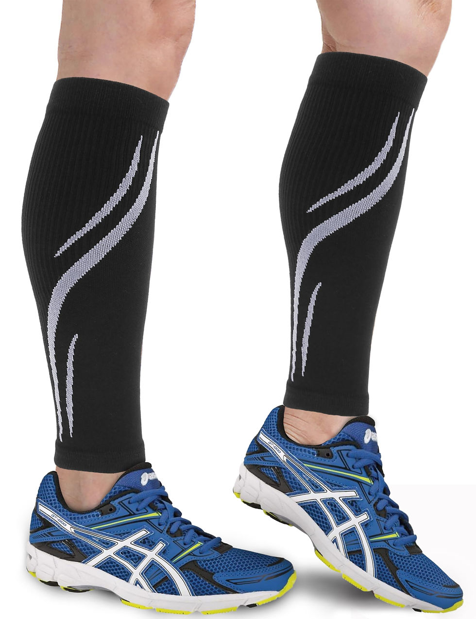 Black compression sleeves with silver design and blue running shoes