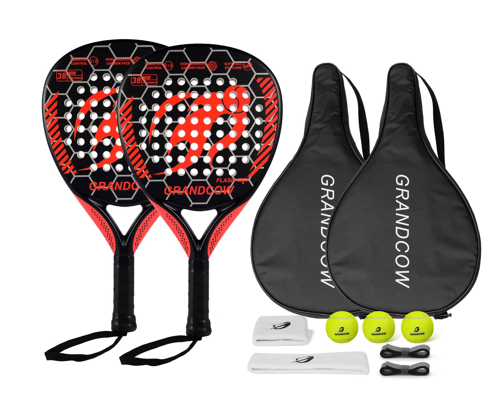 GRANDCOW padel set with two rackets, covers, balls, and grips