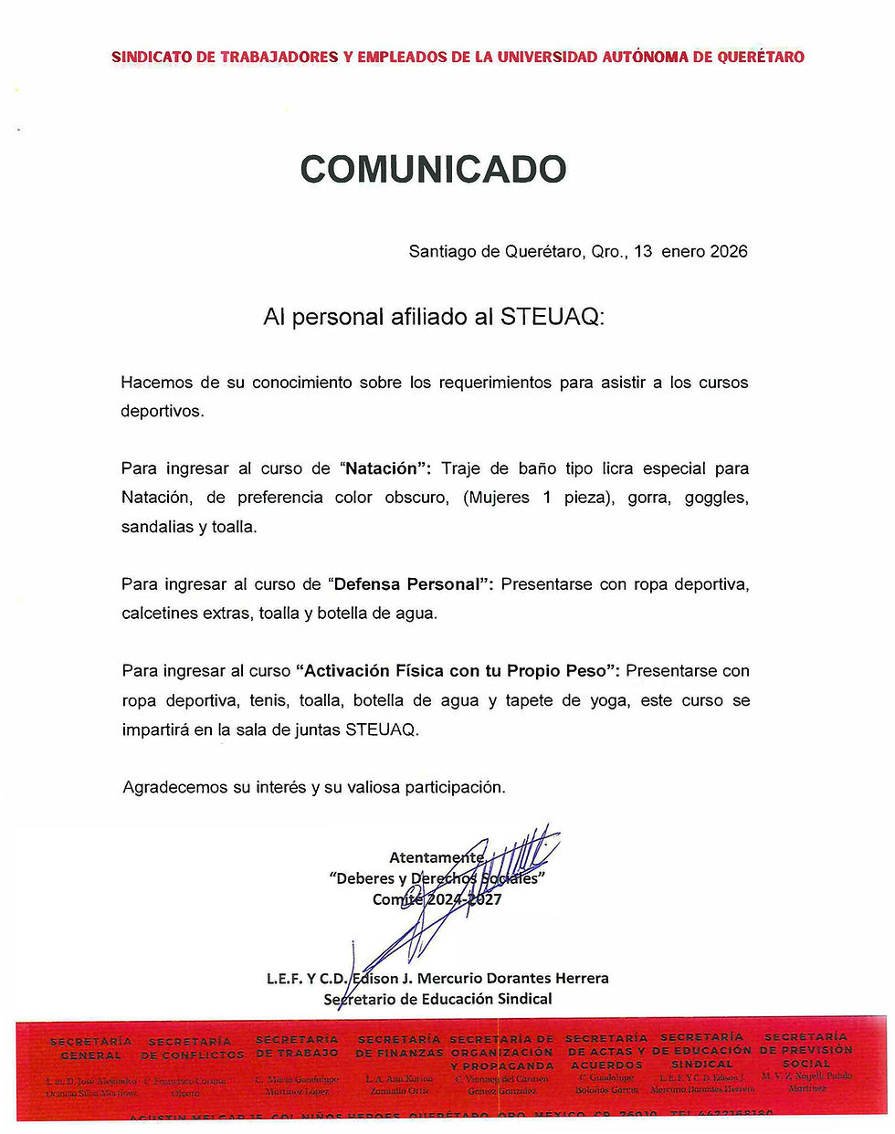 Requerimientos para asistir a los cursos deportivos. 