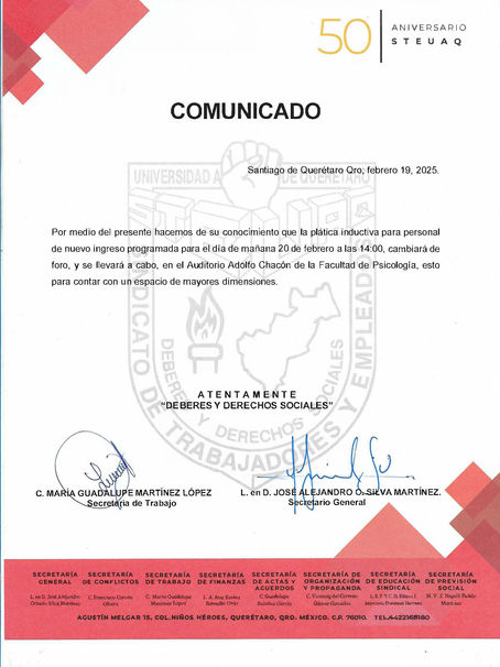 Comunicado sobre plática inductiva.