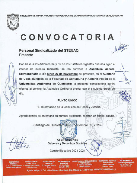 Convocatoria para Asamblea General Extraordinaria.