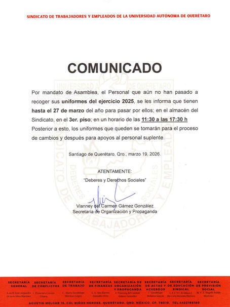 Comunicado al personal que aun no recoge uniformes.
