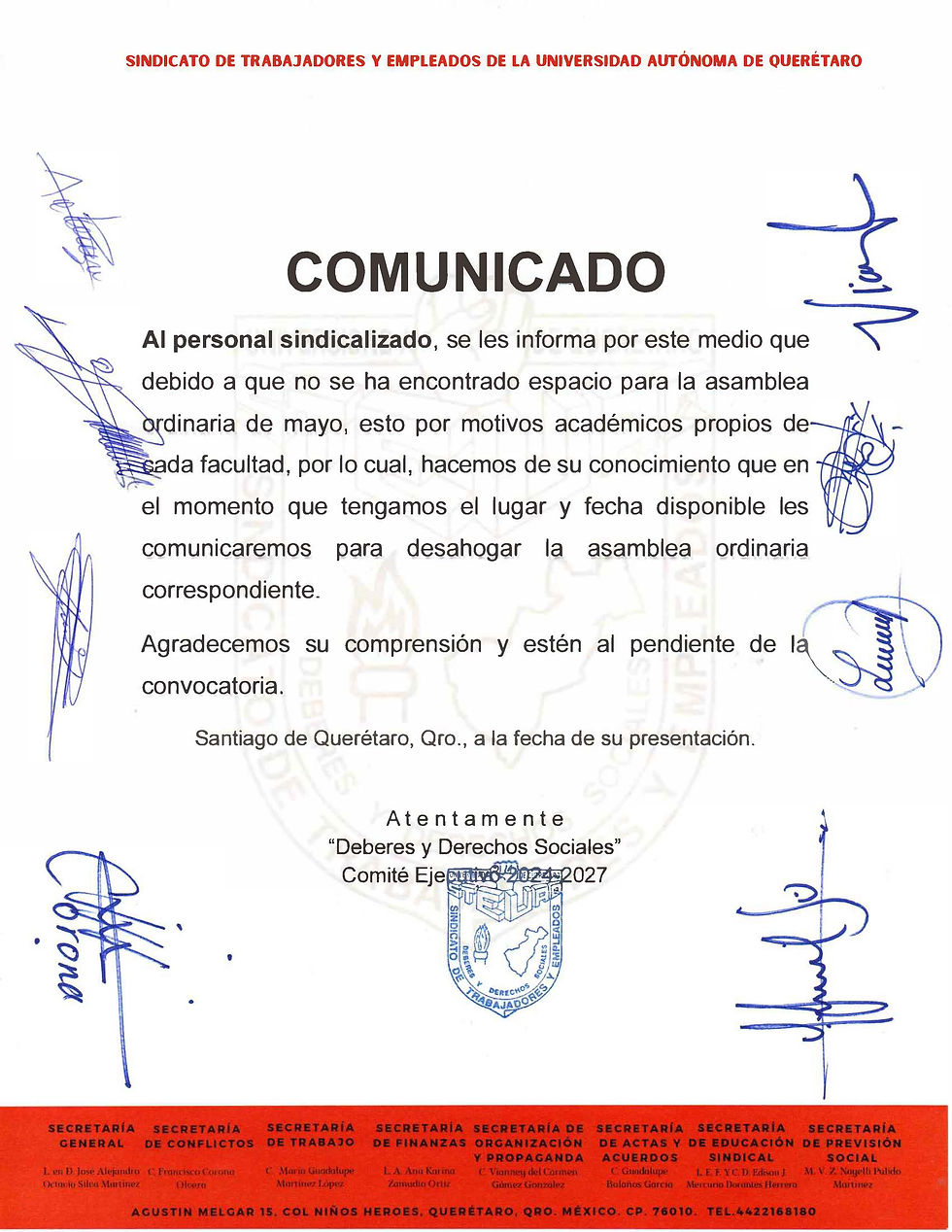 Comunicado sobre la Asamblea Ordinaria