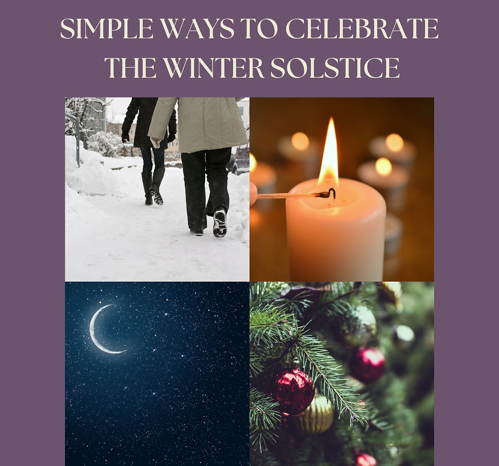 A four picture grid showing a woman walking away on a snowy sidewalk, a lit white candle, a crescent moon, and an evergreen branch plus the words Simple Ways to Celebrate the Winter Solstice