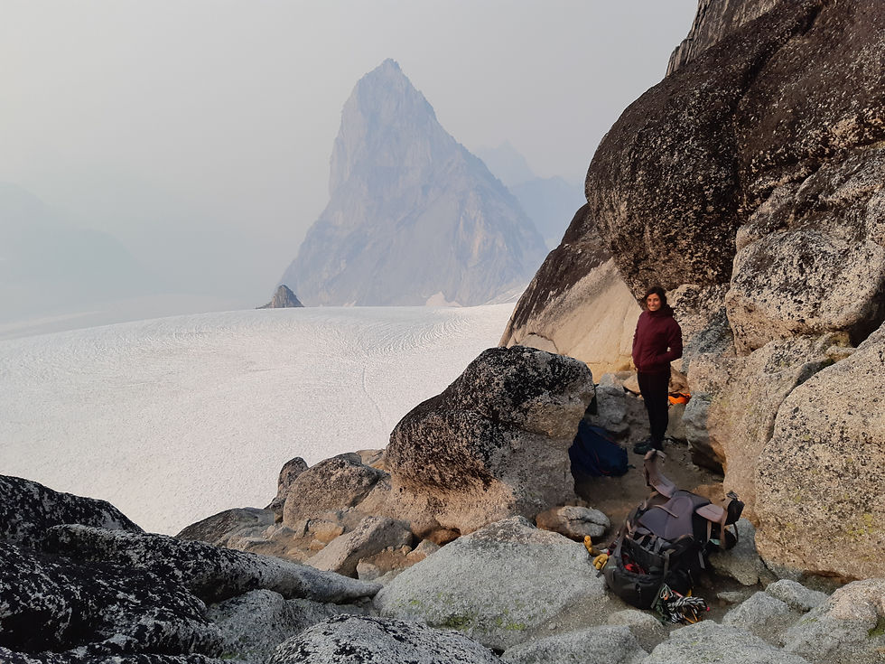 Me in the closest thing to my happy place that summer - a little side mission cowboy(or girl)-style-bivy camp just below the West Ridge of Pigeon Spire before a failed attempt at the Beckey-Chouinard.