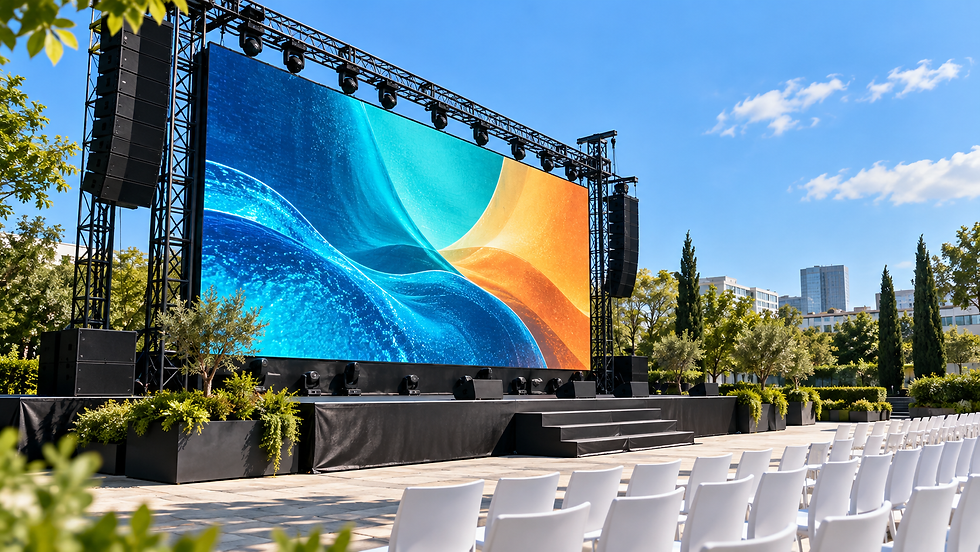 Large LED screen on an outdoor stage, mounted on truss, with line array speakers and white audience chairs