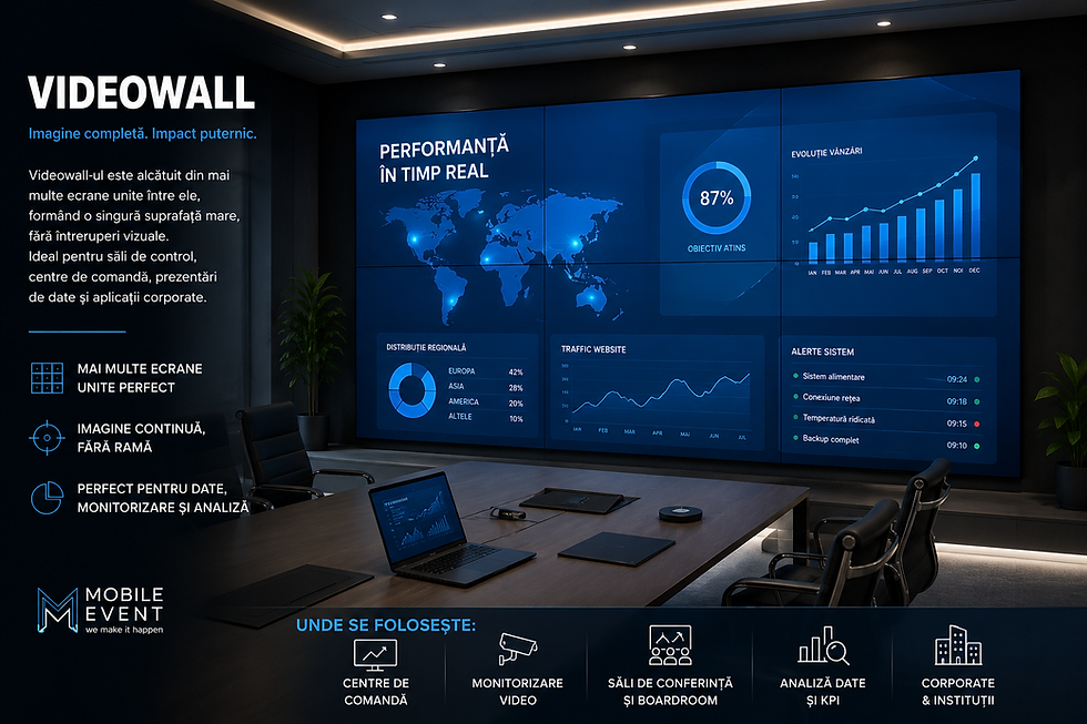 Videowall corporate din multiple ecrane coordonate afișând dashboard-uri de date în timp real, Mobile Event