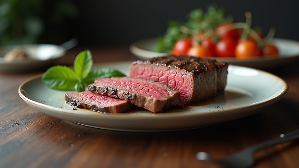 Eye-level view of a perfectly sliced steak on a ceramic plate