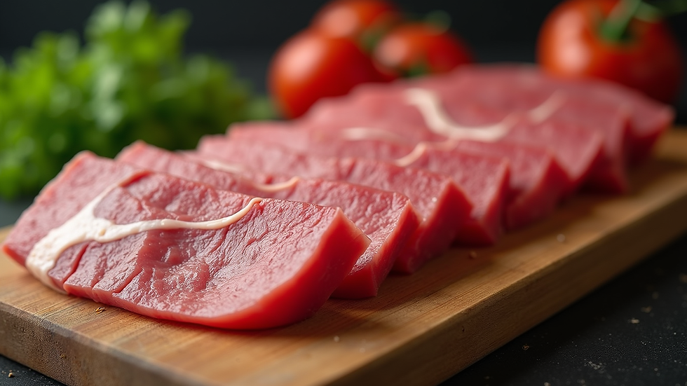 Close-up view of thinly sliced premium beef arranged on a wooden board