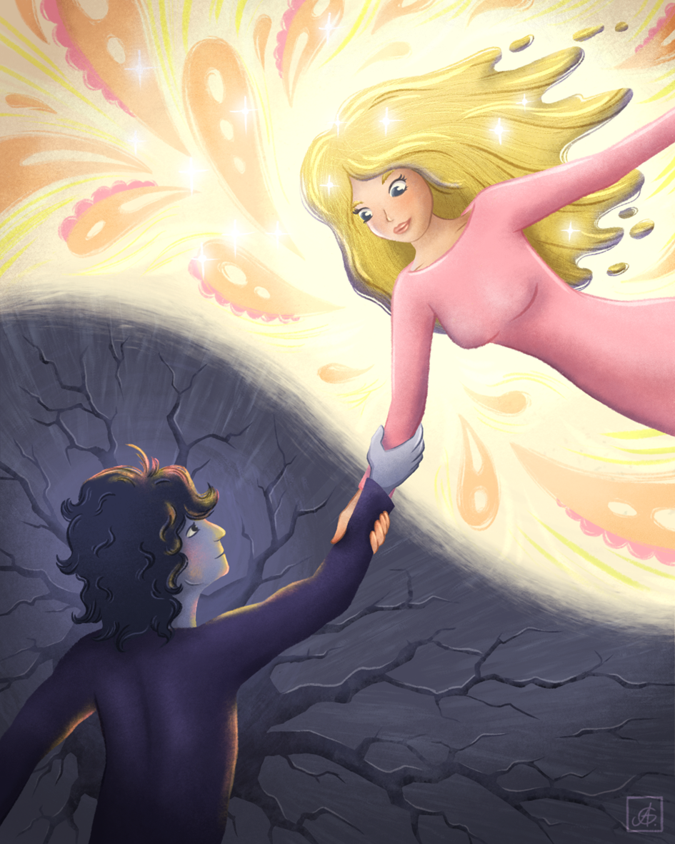 Obrázek 1 – Setkání Érota a Thánata jako obraz vnitřní rovnováhy mezi životní expanzí a ochranou před zraněním. Autorka ilustrace: Mgr. Anna Gabrielová. Více ilustrací od této autorky můžete shlédnout na: www.annagabrielova.cz