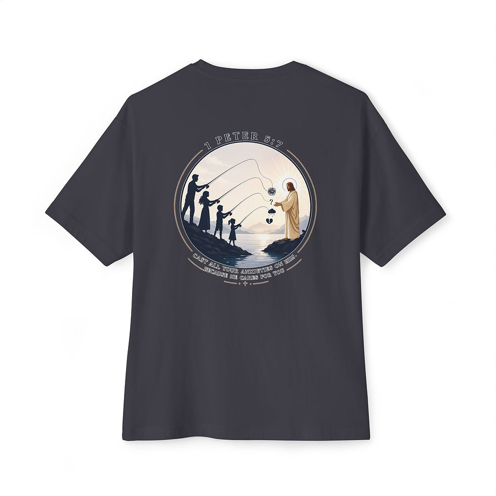 Thumbnail: Boxy Tee — 'I Peter 5:7' Faith Graphic Oversized T-Shirt