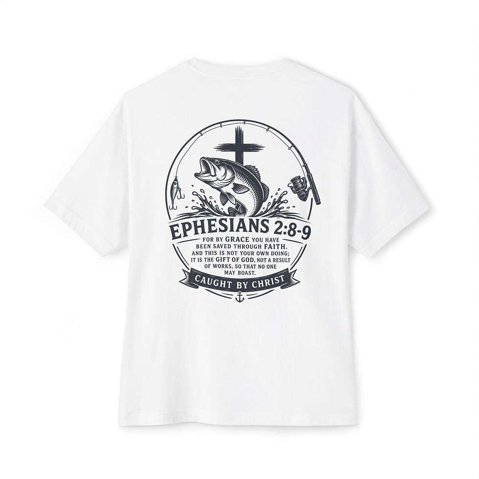 Thumbnail: Caught by Christ Fishing Tee — Ephesians 2:8-9 Christian T-Shirt