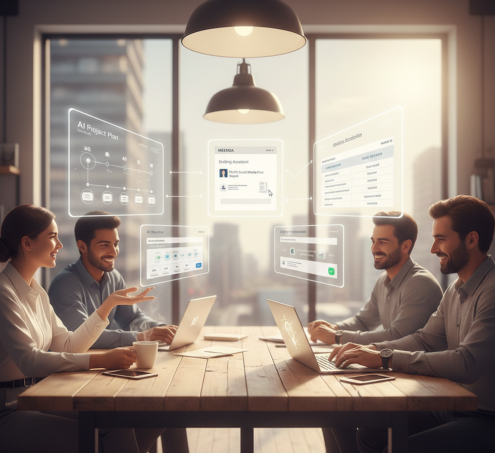 Small business team using AI tools for meeting summaries, data entry, and strategic planning in a bright, collaborative office setting.