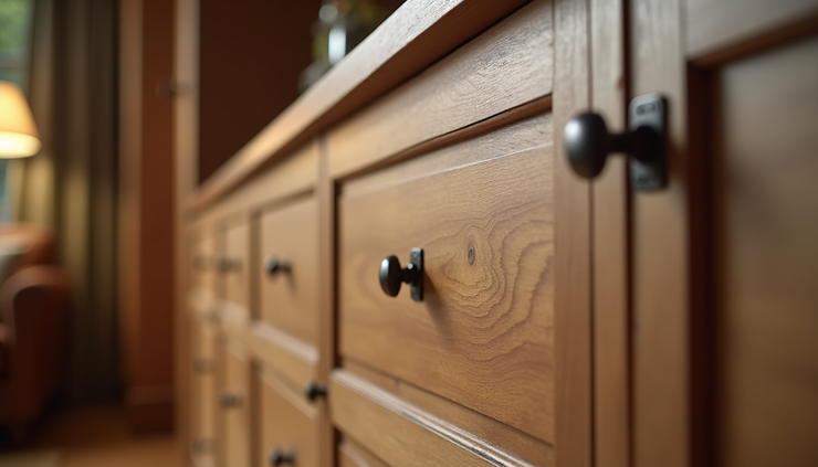 Eye-level view of a finely crafted traditional fitted wooden cabinet in a cozy home interior