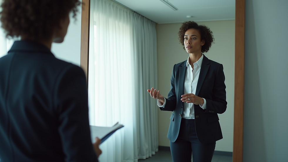 High angle view of a person practicing a presentation in front of a mirror
