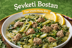 Kuzu etli şevketi bostan yemeği, limon dilimleri ve taze yeşilliklerle servis edilmiş Ege usulü geleneksel yemek