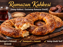 Pekmez sürümlü, bol susamlı Gaziantep usulü Ramazan Kahkesi (Halep Kahkesi) – içi yumuşak, mahlepli halka simit.”