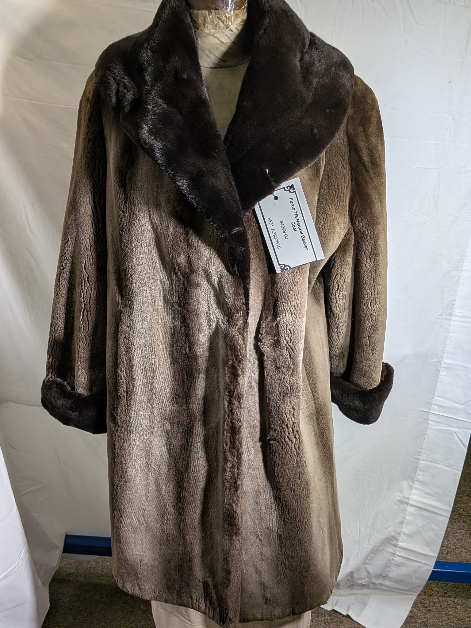 Beaver coat on display, Furco 7/8 Natural Beaver Coat, dark collar.