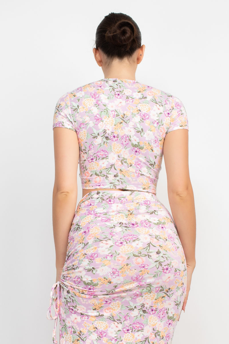 Thumbnail: Front Knot Floral Top & Ruched Maxi Skirts Set