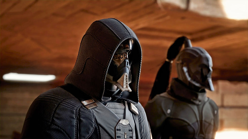 A still from the upcoming Dune: Awakening game featuring 2 masked characters.
