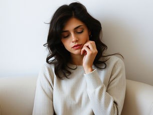Woman struggling with overthinking and racing thoughts at night