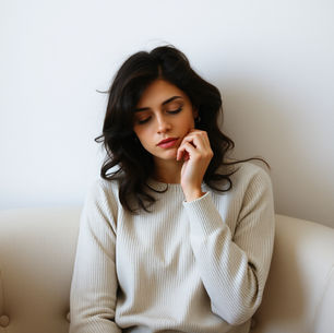 Woman struggling with overthinking and racing thoughts at night