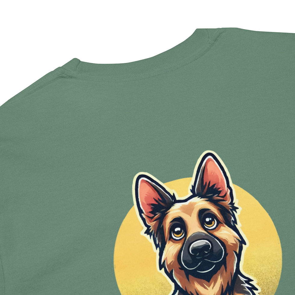 Thumbnail: Close-up of a green shirt showing a cartoon German Shepherd head framed by a yellow circle, highlighting the playful and expressive design