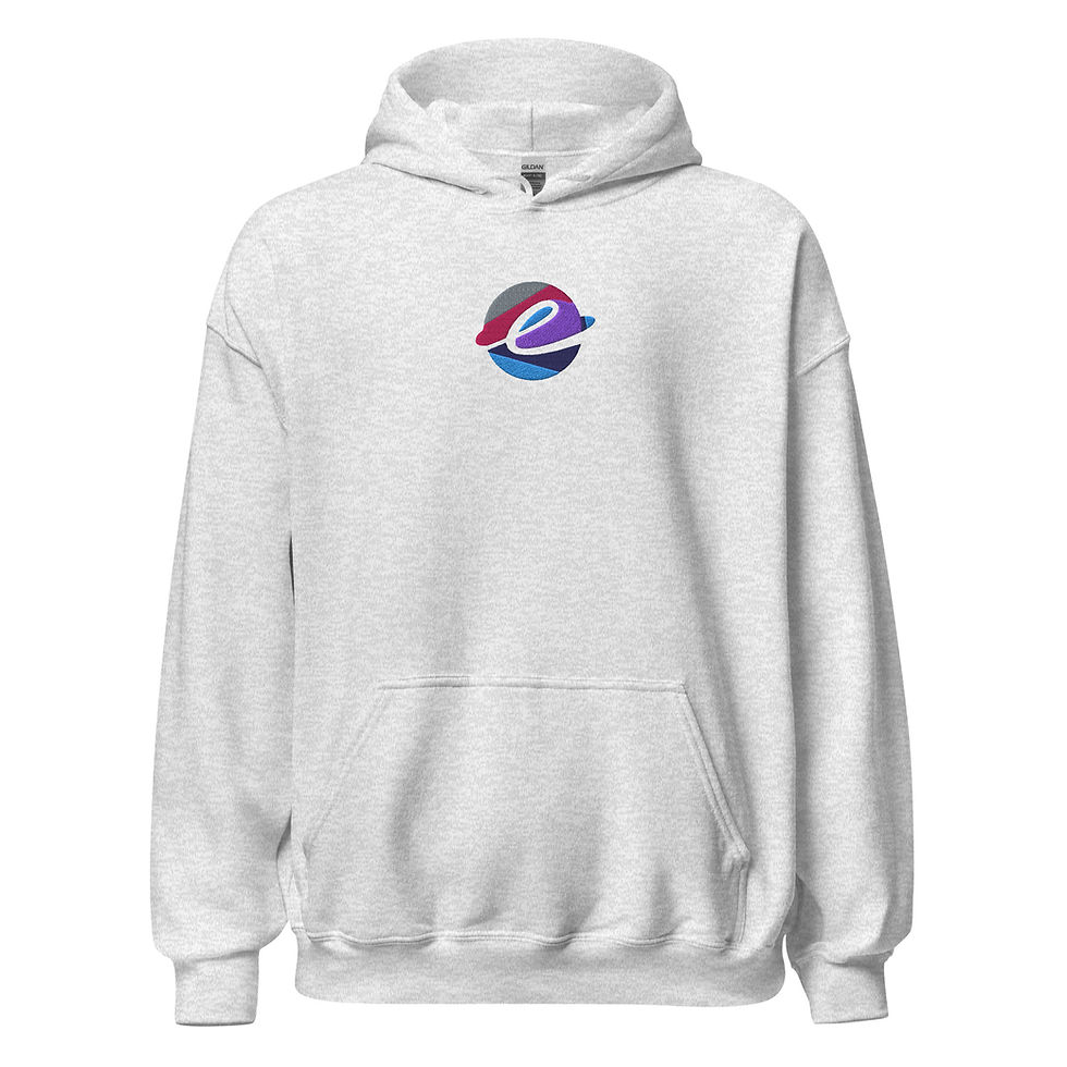 Thumbnail: Front view of an ash colored, heavy blend hoodie featuring an embroidered Elemental Essentials logo in pink, blue, red and gray on the chest.