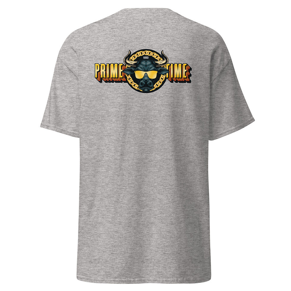 Thumbnail: Back view of a modern, sport gray, classic tee, embodying a Prime Time Design that showcases a Colorado-inspired buffalo, flaunting sunglasses, and a chain.
