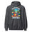 Thumbnail: Front view of stylish, dark heather gray, heavy blend hoodie, showing off the Morning Beers design that encompasses a beer can mascot holding another beer enjoying the beach between palm trees. 