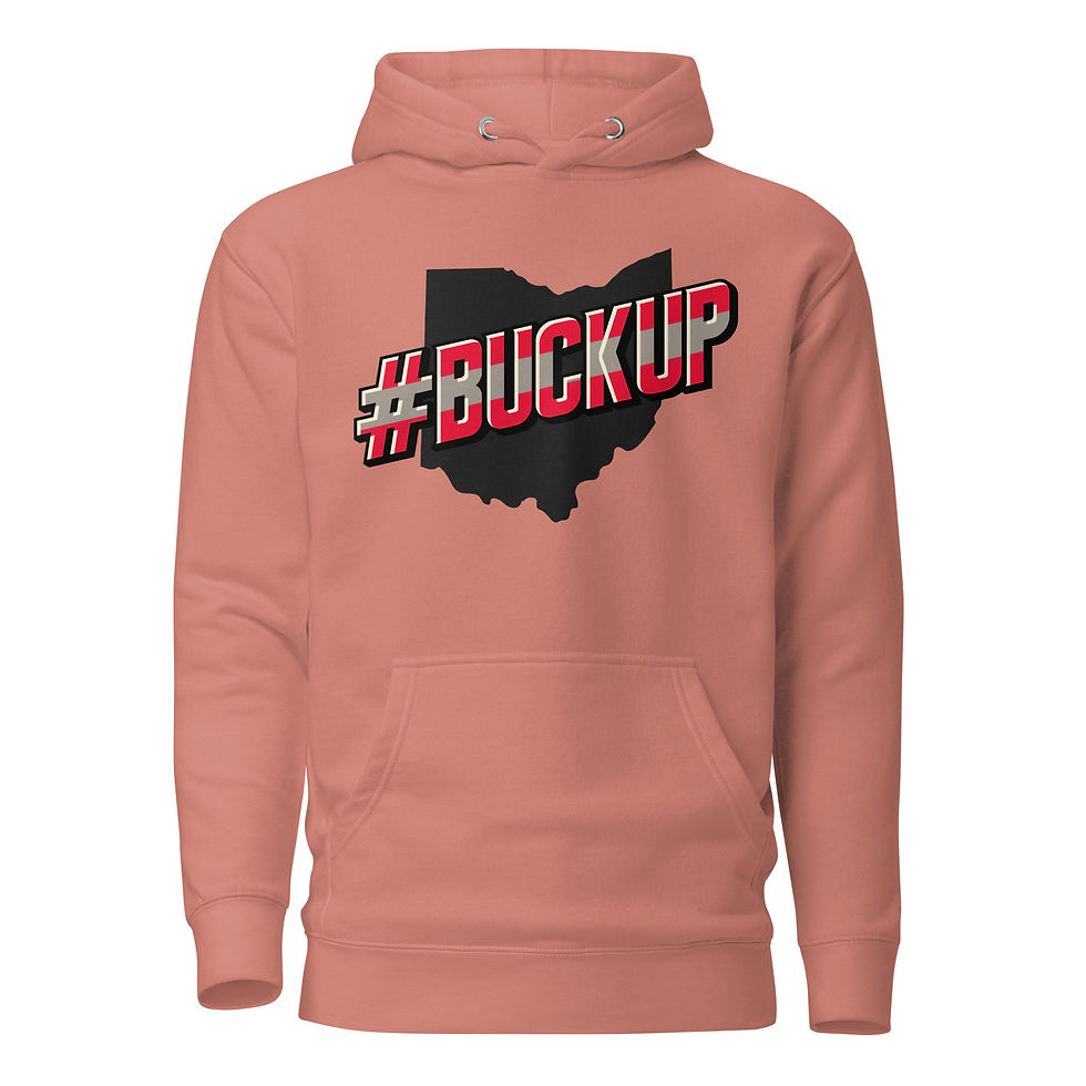 Thumbnail: Dusty Rose hoodie featuring the bold "#BUCKUP" text in red and gray over a silhouette of Ohio, with a front pocket and drawstring hood.